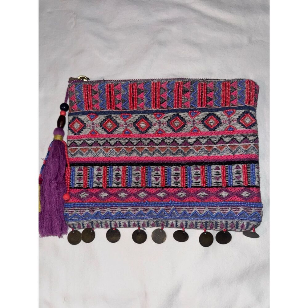 Merona Southwestern Beaded Tapestry Zippered Clutch Bag with Tassel and Coins